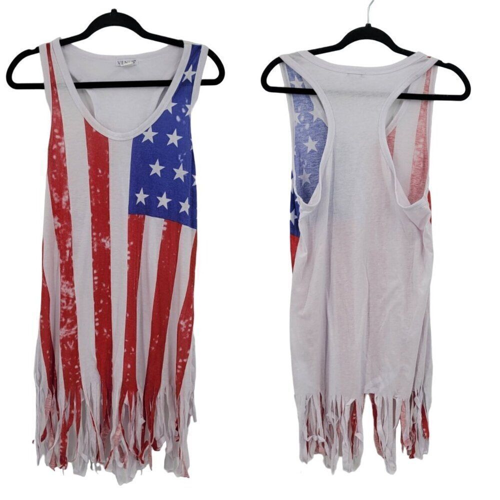 Venus Coverup Fringed American Flag Racerback M Red‎ White Blue Flag Patriotic